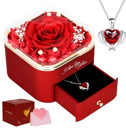 CSYY Ewige Rose, Geschenke für Frauen Valentinstag Ewige Rose Schutzengel Flügel Liebes Halskette Handgefertigte Konservierte Rosen Schmuck Geschenkbox Rot