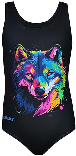 Aquarti Costume Piscina Bambina Intero con Stampa – Resistente, Confortevole e alla Moda, Lupo/Nero, 128
