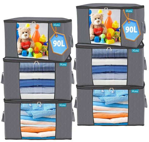 KURNI Storage Bags Clothes Organizer 6 Pack Grey, Large Moving Boxes 90L Capacity, 3 Sided Zipper Storage Box. Dust/Mites Proof 60 x 43 x 35cm