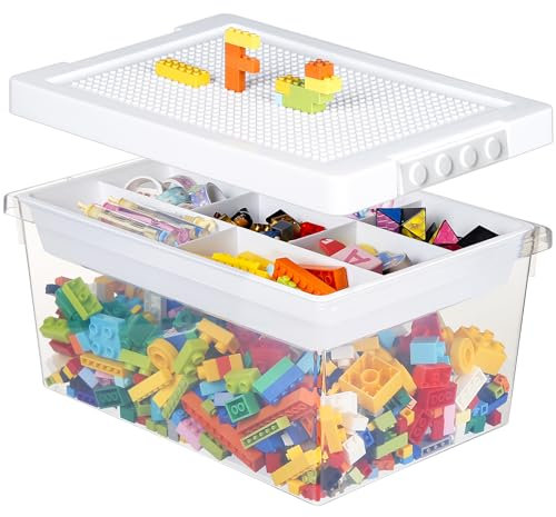 Greentainer Storage Bins with Lids for Lego Cube Kids Toy Box Stackable Plastic Boxes Organiser with Removable Tray Craft Containers for Building Blocks Bricks Puzzle Board Organizer Accessories