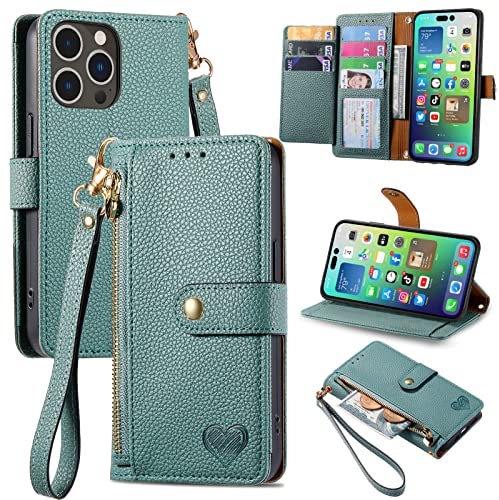 VEEMOS Zipper Wallet Case for Apple iPhone 14 Pro Phone Case with Purse Card Holders RFID Blocking Leather Flip Case Book Cover Wrist Strap Women - Green