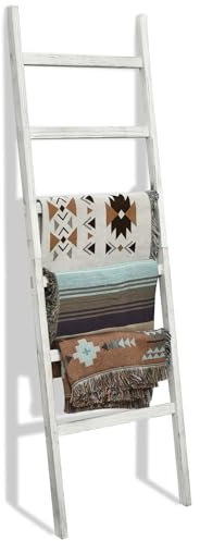 FUIN 6.4ft Extra Wide Wooden Blanket Ladder Living Room Decorative Wal Leaning Farmhouse Quilt Display Holder Rustic Wood Towel Rack for Bathroom, White, 24 inch wide