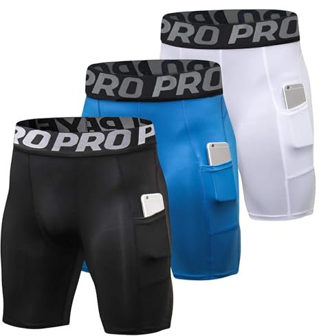 YUSHOW Compression Shorts Mens 3 Pack Sports Anti-Chafing Underwear Base Layer Shorts Quick Dry Running Shorts with Phone Pockets Cycling Tights for Workout Athletic Rugby Short Protect Leg Skin