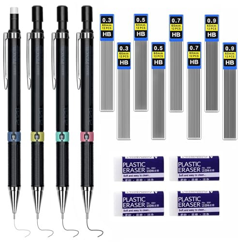 4 Stück Druckbleistift Set 0,3/0,5/0,7/0,9 mm Minenbleistift, 8 Tuben (96 Stück) HB Bleistift Minen Austauschbare Nachfüllungen und 4 Stücke Radiergummis, für Studenten, Schreiben, Zeichnen (16pcs)
