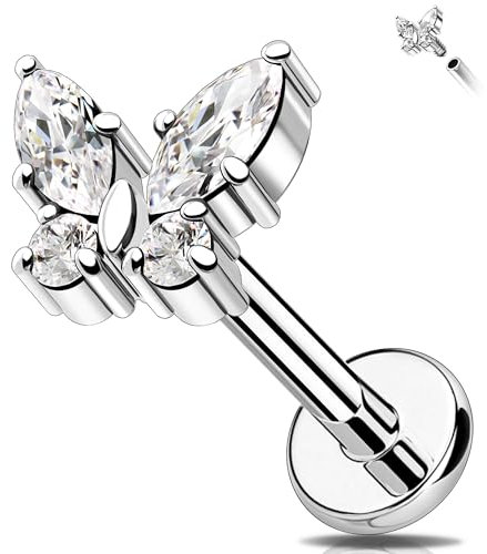Melighting G23 Titan Knorpel Labret Stud Schmetterling Helix Ohrring Lobe CZ Flat Back 16G Tragus Piercing Schmuck, 16G 6MM, Titan, Zirkonia