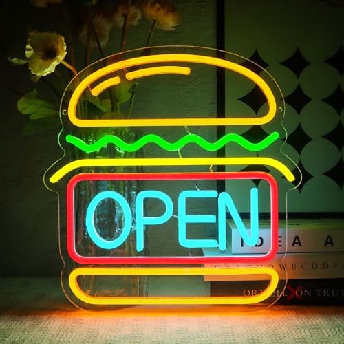 OYCGZV Panneau Néon Ouvert - Panneau Néon Hamburger pour Décoration Murale Panneau Néon Ouvert USB Led pour Burger Shop Fast Food Shop Business Cuisine Bar Restaurant Club Store Hotel