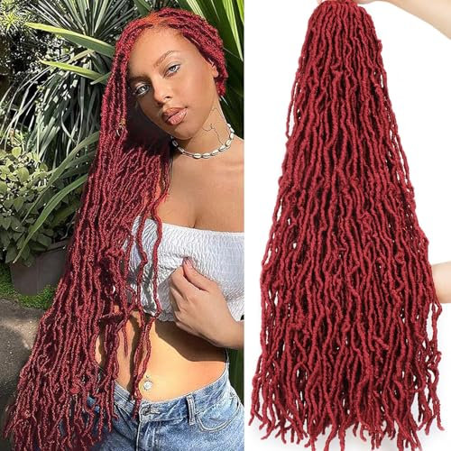 Samtress 36 Inch Goddess Locs Crochet Hair 7 Packs Long Faux Locs Crochet Hair Soft Locs Burgundy Pre-looped Messy Faux Locs Crochet Braids Synthetic Soft Curly New Locs Braiding Hair Extension (#BUG)