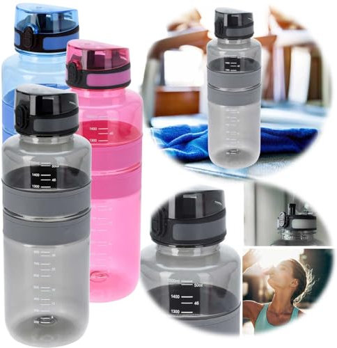 LS-LebenStil XL Sportflasche Tritan Trinkflasche 1500ml 1,5 Liter Blau Wasserflasche Klappdeckel Trinkhalm mit Silikon-Griffen auslaufsicher für Uni Arbeit Fitness Outdoor Leicht Wiederverwendbar