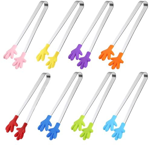 TRKETK 8 Pièces Minis Pince Alimentaire, Mini Pinces en Silicone en Forme de Main Multifonctions Coloré Petite Pince à Sucre Pince à Nourriture en Acier Inoxydable pour Douceur,Glaçons,Salade