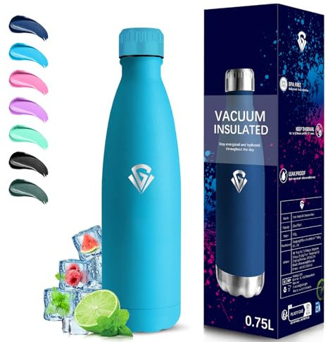 Grsta Gourde Isotherme, Gourde 750ml, Gourde Inox, Sans BPA, Gourde Reutilisable, 24h Froid & 12h Chaud, Gourde Inox, Anti Fuite, Thermos pour l'École, Bureau, Voyage, Camping, Sport, Bleu