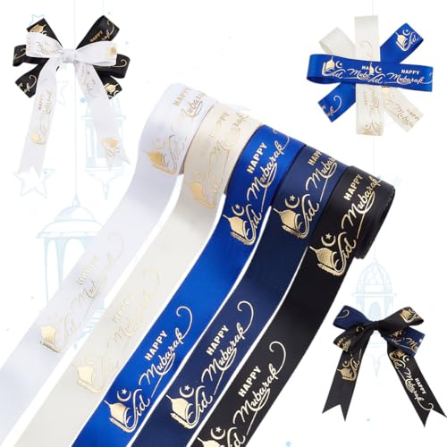 PH PandaHall 5 Rollen Happy Eid Mubarak Bänder, 25mm Ramadan Dekoration Blau Weiß Schwarz Grosgrain Band Geschenkpapier Bänder für Ramadan Party Supplies Kranz Kunsthandwerk Schleifen machen, 22.8m