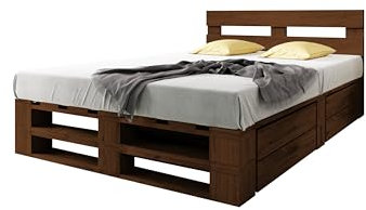 Lermowood Palettenbett M2 aus Holz 140 x 200 cm Palisander mit Kopfteil und 2 Bettkästen Holzbett 40cm Stabiles Seniorenbett Kinderbett Jugendbett Gästebett erhöhtes Bettgestell Futonbett Komforthöhe