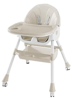 Babyhochstuhl, mitwachsend, 4-fach höhenverstellbar, faltbar, mit integrierten Rädern und 5-Punkt-Sicherheitsgurt, ideal zum Essen, Spielen und Schlafen in einem – Elfenbeinfarben
