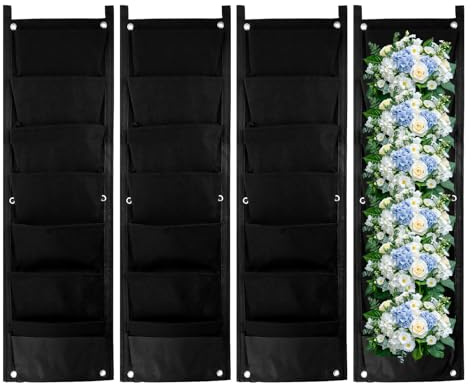 MEIDIV 4Pcs 7 Pocket Vertical Planters Outdoor, Living Wall Planter, Hanging Bags for Plants, Flower Pouches Hanging Bags Strawberry Planter, Nonwoven Fabric Breathable Grow Bag for Yard Garden