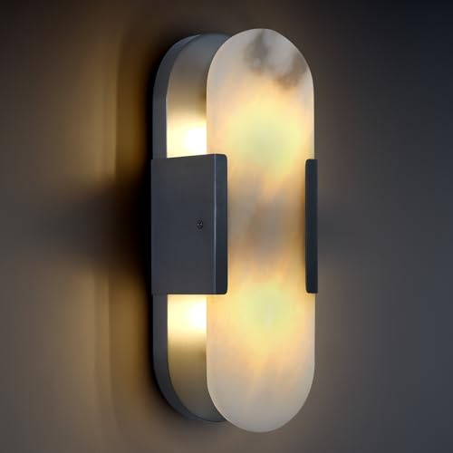 PIOUTNF Marmor Wandleuchte Innen 35cm, Wandlampe aus Spanischem Marmor-Rohstoffe, Alabaster Wandbeleuchtung Schwarz, moderne Wandlampe für Schlafzimmer Wohnzimmer Flur Treppenhaus