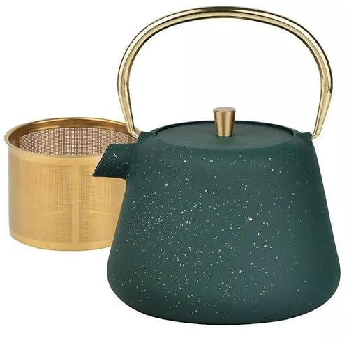 Luckyberg gusseiserner Teekessel, Teesiebaus Gusseisen mit Sieb, Emailliertes Innere, 1L, mit Glitzer, Goldene Elemente. (Grün)