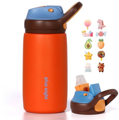 pluseight Kids Insulated Water Bottle with Straw Lid, 350ml BPA-Free Double Wall Vacuum Tumbler 18/8 Stainless Steel Leak Proof Keep Drinks 12h Hot & 18h Cold (Orange)