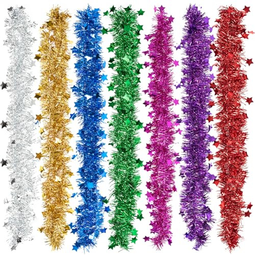 7 Pcs Christmas Tinsel Garlands, 2m Each, Luxury Tinsel Garland for Christmas Tree Decorations, Hanging Garland Streamers for Indoor & Outdoor Party Decor (Multi-Color)