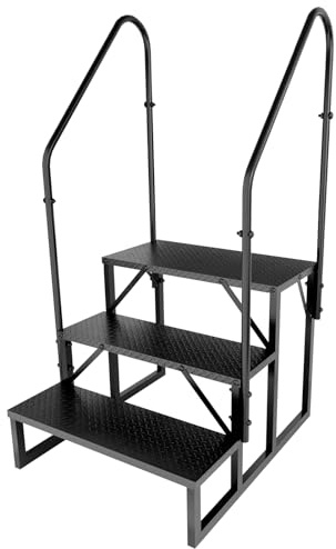 Step Ladder, Heavy Duty Pool Ladder Above Ground 660Lbs, Camper Steps Outdoor Steps RV Stairs for Reaching High, Portable Home Stairs for Travel Trailer (3 Step with 2 Handrails)