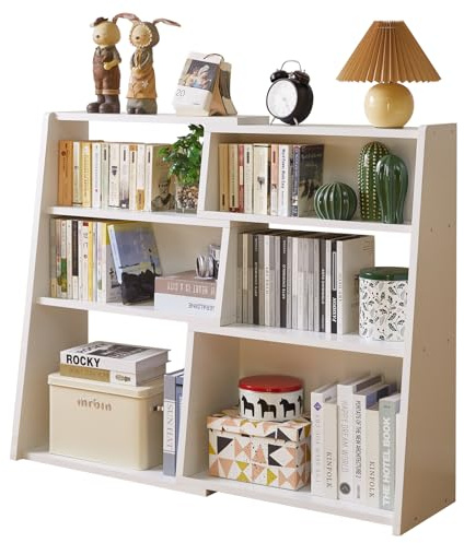 Aibiju Wooden Extendable Shelf Bookcase, Bookshelf, Storage Shelf with 6 Compartments, 3-Tier Ladder Low Short Bookshelf for Small Space or Corner, White YD-BC005W
