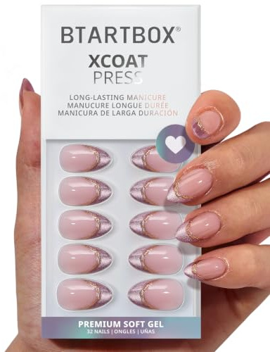 BTArtbox Press On Nails, Pink Aurora, Short Almond, Purple French Tip, 32Ct | Lamp-Curable 4-Week Wear, Salon-Quality Natural Nails, 10-Minute Easy Daily Application, 16 Sizes, All-in-One Complete Kit