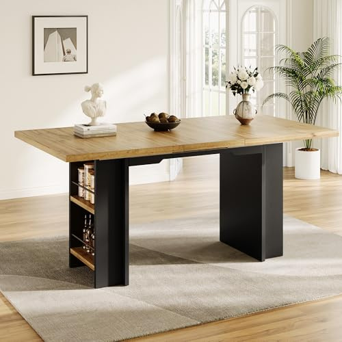 Kebnor Esstisch Teleskoptisch (120-160×80cm), Tisch mit Regalen,Ausziehtisch, mit Hilfe innenliegender Einlegeplatten auf 120-160cm ausziehbar, für Küche und Wohnzimmer,