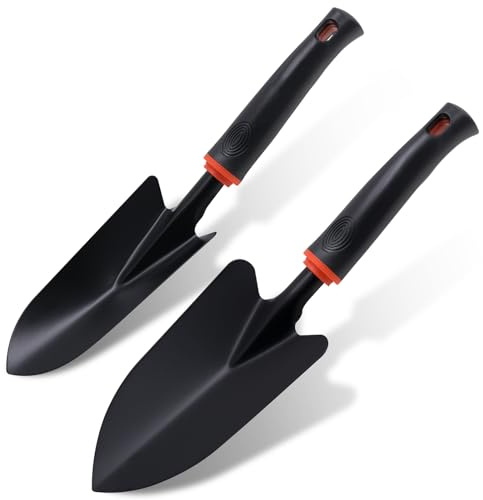 2 palas de jardín de acero al carbono, paleta ancha negra y pala estrecha para plantas, antiflexión, antideslizante, para plantar, deshierbar y aflojar
