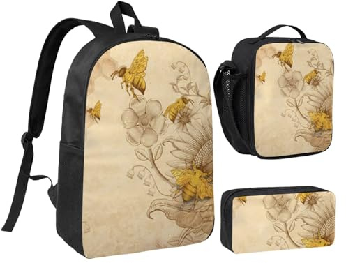 JKLQWC Rural Honey Bees Wildflowers Print School Backpack Set of 3, 17-Inch School Bag with Insulated Lunch Bag & Pencil Case for Students Teens Girls Boys
