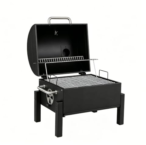 COSTWAY Barbacoa de Carbón con Tapa, Bandeja de Carbón Ajustable | Parrilla Barbacoa Portátil con 2 Rejillas para Asar, Termómetro, Chimenea, Compuerta de Aire, Asas, Bandeja de Cenizas, BBQ