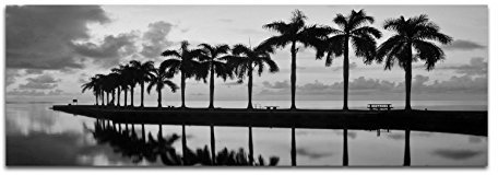Photo sur toile panoramique Noir/blanc 120 x 40 cm Miami Mer Palmiers Lever de soleil Miroir