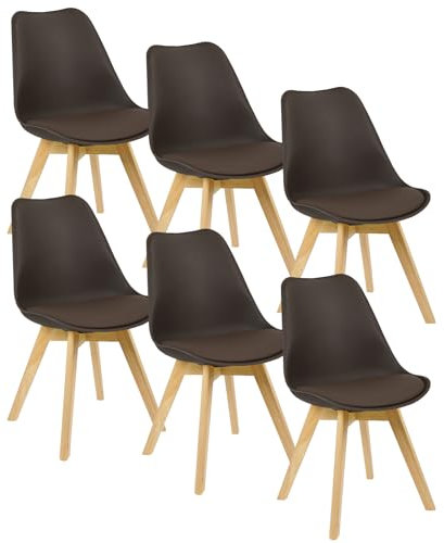 WOLTU Esszimmerstühle 6er Set, Skandinavische Küchenstühle, Wohnzimmerstuhl, Retro Design, Sitzfläche aus Kunstleder, Polsterstuhl Lehnstuhl,Massivholz Beine, Braun BH29br-6