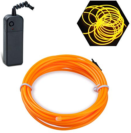 Podazz El Wire 16.4ft/5m Yellow, Neon Glowing Strobing Electroluminescent Wire with 3 Lighting Modes, Battery Operated El Light for Halloween Decor, Parties, Xmas Tree, Cosplay, Car Bar Decor