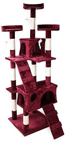 Wiltec Arbre à Chat - 170 cm de Haut - Design ludique avec Souris et Escaliers - Meuble grattage félin Peluche - Couleur Rouge vin - avec Maisonnettes, sisal, Niche et Plate-Forme, balles de Jeu