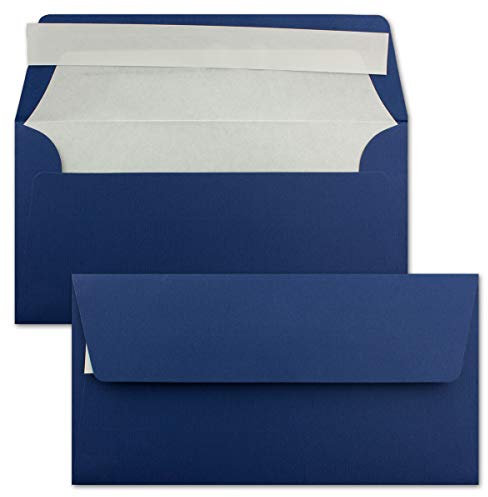 100x Briefumschläge DIN Lang 11 x 22 cm gerippt in Dunkelblau gefüttert mit weiß em Seiden-Papier 110 g/m² Haftklebung