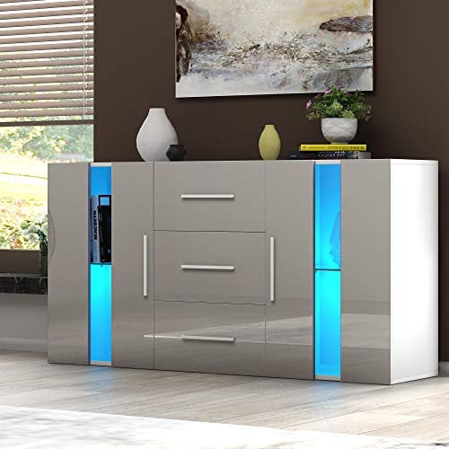 Panana 2 Door & 3 Drawer Modern RGB Lights Sideboard Cabinet, Matt & High Gloss Cupboard Unit Livingroom (Grey)