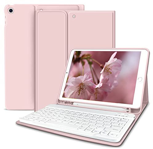 zoyu Keyboard Case for iPad 10.2 inch with Pencil Holder, Soft TPU Back Stand Cover with Magnetically Detachable Wireless Keyboard for iPad 9th / 8th / 7th Generation (2021/2020/2019), Pink