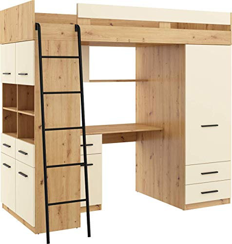 Hochbett mit Schreibtisch, Schubladen, Kleiderschrank und Bücherregal - Platzsparendes Loftbett (120x206x188 cm) - Kinderbett 90x200 Bettgröße - Linke Leiter - LEVEL (Eiche Artisan/Creme)
