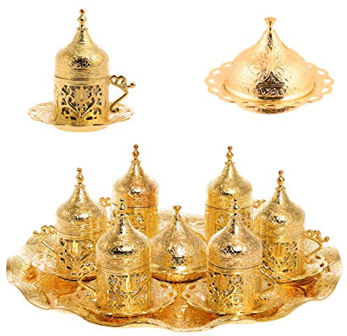 Alisveristime 6-Piece Set Turkish Espresso Coffee Cups with Saucer, Lid, Traditional Ottoman Tulip Motif (Multiple Color Variations) (Lale) (Gold)