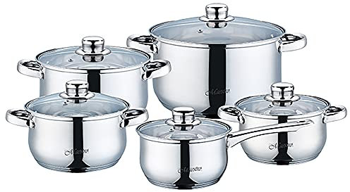 Maestro MR-2020-10 Batería de Cocina Acero Inoxidable, 10 piezas, Inducción, 1 Olla, 3 Cacerolas, 1 Cazo, 5 Tapas de Cristal, Apta Para Todo Tipo de Cocinas, Apta Lavavajillas