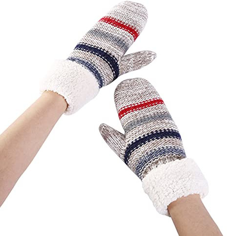Winterhandschuhe für Damen, gestrickt, mit Fleece gefüttert, Fäustlinge für Damen und Mädchen, Vollfinger-Handschuhe für Skifahren, Radfahren, Laufen, Outdoor, grau, One size