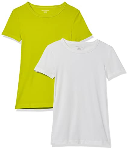 Amazon Essentials T-Shirt Girocollo a Maniche Corte Slim Donna, Pacco da 2, Bianco/Verde Lime, XL