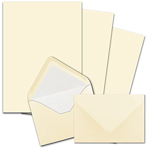 25x Briefpapier-Sets DIN A4 mit C6 gefütterten Briefumschlägen, Nassklebung - Creme-Vanille - mattes Schreibpapier und Kuverts mit weißem Seidenfutter