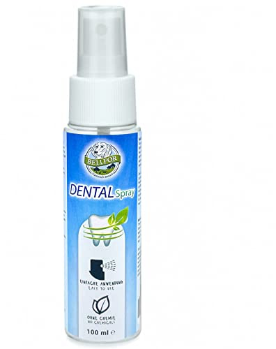 Bellfor Dentalspray für Hunde gegen Mundgeruch – 100 ml. Zahnpflege mit Kamillenextrakt und Kalziumchlorid. Fördert die Gesundheit von Zahnfleisch und Zähnen bei Hunden – ganz ohne Zahnbürste.