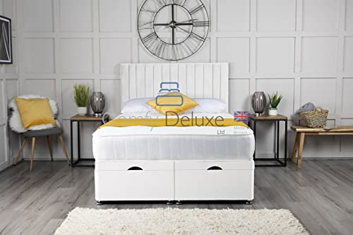 Plush Velvet Ottoman Storage Divan Bed Foot Lift Open With 1000 Pocket Royal Mattress And Vertical Lined Panel Apollo Headboard | Ottoman Gas Lift Bed (4FT6 Double (140cm X 192cm), White)
