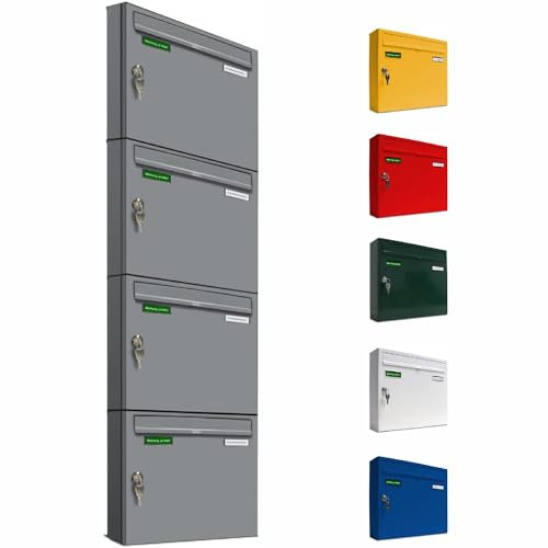 AL Briefkastensysteme Basic 4er Briefkasten RAL 9006 Weiß Aluminium Silber Edelstahl-farbig 4 Fach DIN A4 wetterfest Briefkastenanlage mit Posthaltebügel und 2 Namensschildern