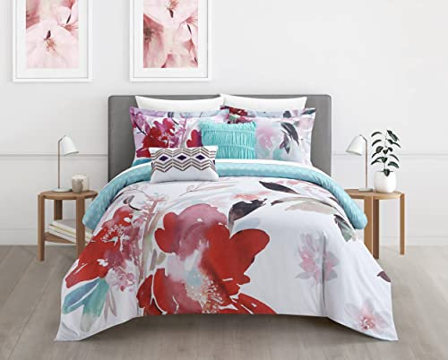 Chic Home Waldorf 5-teiliges Wende-Bettwäsche-Set mit floralem Aquarell-Design – dekorative Kissenbezüge im Lieferumfang enthalten, Queensize-Bett