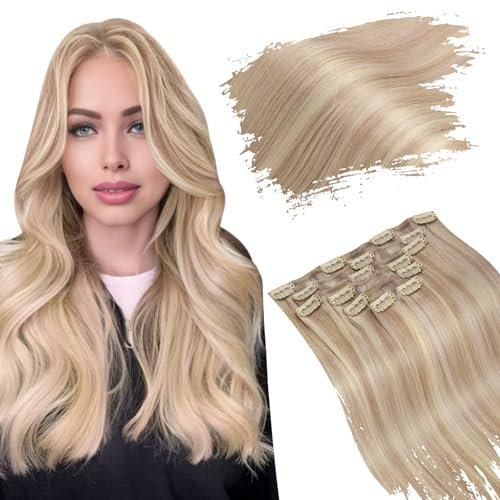 Ugeat Echthaar Extensions Clip Blond 40cm Glatt Haarverlängerung Clip in Extensions Echthaar Aschblond mit Platinblond 120g für Party 7 Stück #18/613
