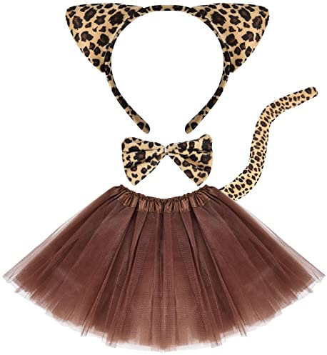 Tacobear Set di Costumi Animali Bambini Tutu Gonna con Cerchietti Orecchie Animali Coda Papillon Costume da Animale Bambina Costume per Halloween Festa Natale Carnevale Cosplay (Gatto Leopardo)