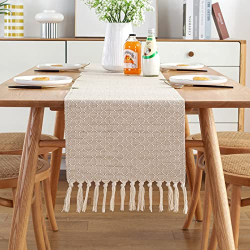 SOMYTING Tischläufer Baumwollflachs Tischdecken Beige mit Handgefertigten Quasten Esstisch Dekor Hochzeit Rechteckige Häkelspitze für Zuhause Desktop Bauernhaus Geburtstage Dekoration(33 x 180 cm)