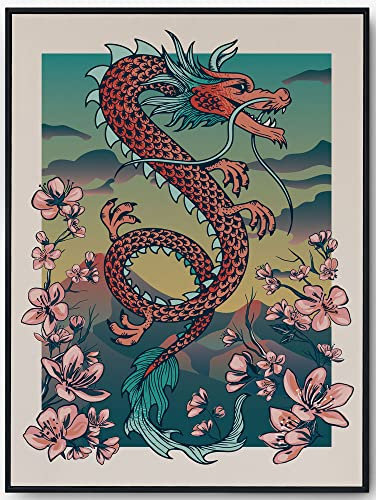 JOPRICO Chinese Dragon - Japan Poster - Asia Dekoration - Vintage Japan Kunstdruck Größe 21x30cm (A4)